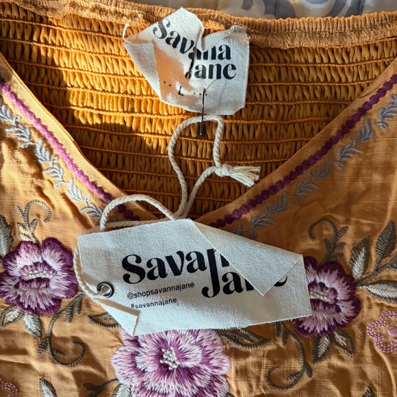 NWT Savanna Jane Floral Embroidered Mustard Yellow Square Neck Smocked Blouse, L - Picture 5 of 11